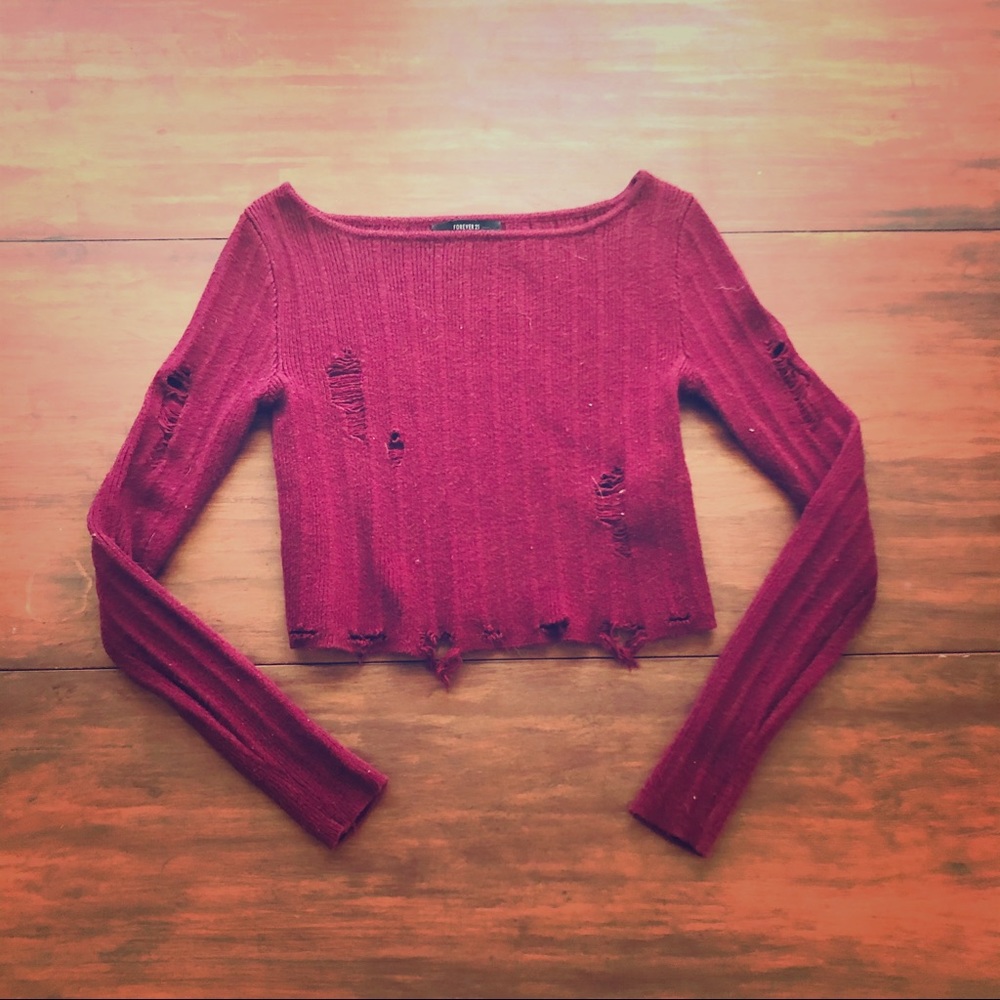 FOREVER 21 SWEATER CROP TOP - Wine Red - Small